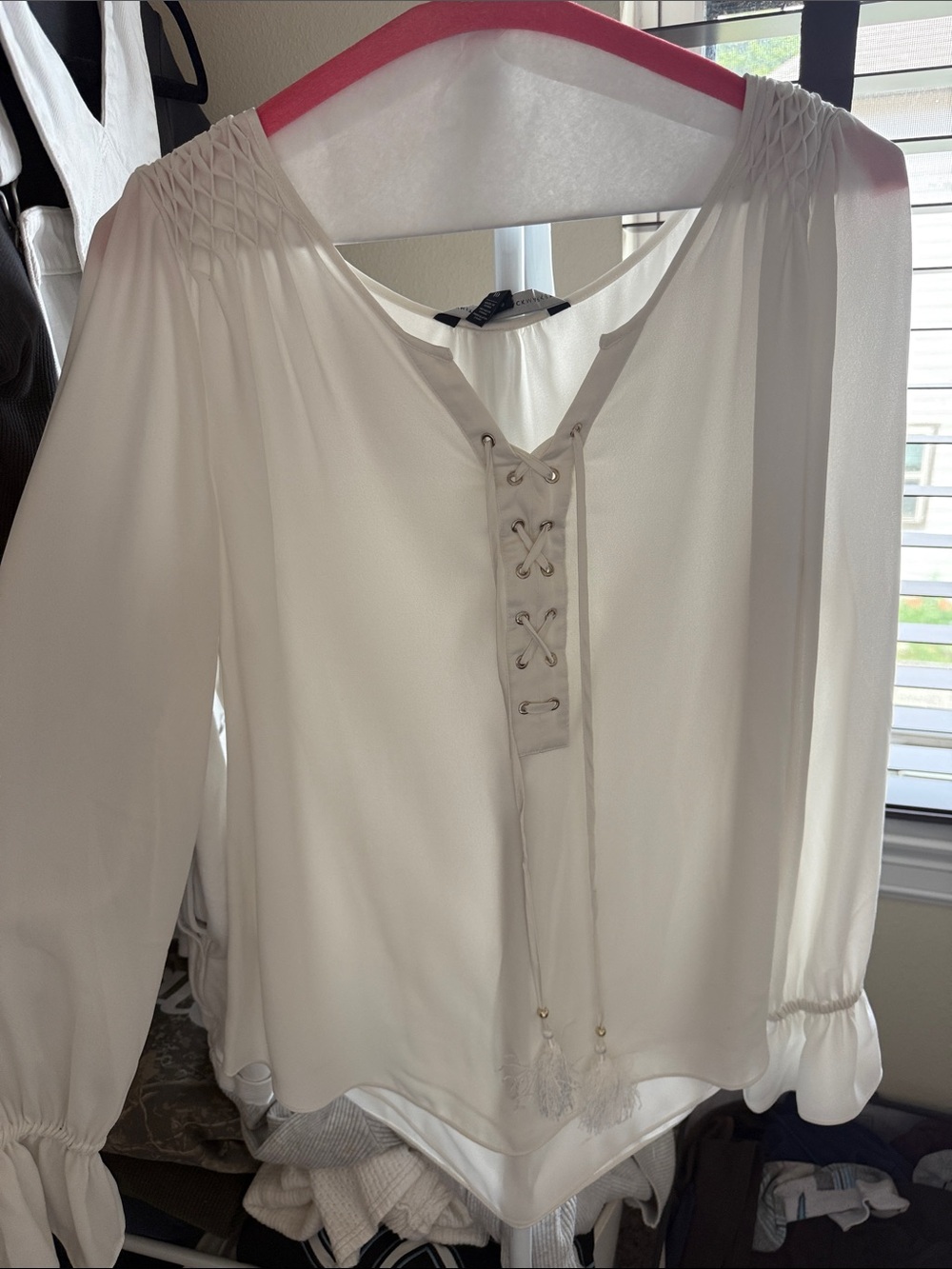 WHBM Cream White Lace-Up Smocked Shoulder Blouse